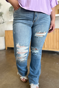 Distressed Raw Hem Bootcut Jeans by Judy Blue