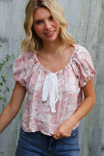 Load image into Gallery viewer, Feeling Femme' Blush Scoop Neck Bubble Sleeve Floral Top w/Bow
