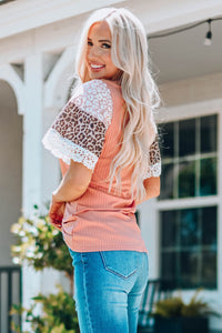Wild But Sweet Leopard Lace Trim Ribbed Round Neck Top