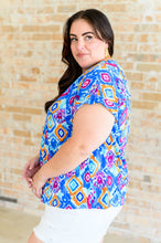 Load image into Gallery viewer, Lizzy Cap Sleeve Top in Blue and Magenta Ikat
