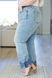 Miranda High Rise Plaid Cuff Vintage Straight Jeans By Judy Blue