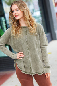 All In A Day Mineral Wash Waffle Oversized Cut Edge Top in Olive