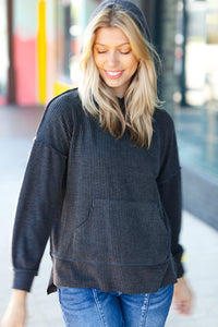 Cozy Up Mineral Wash Rib Knit Hoodie in Charcoal
