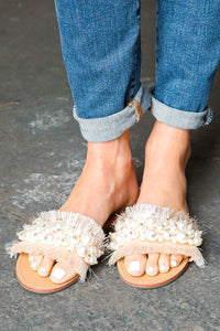 Linen Fray Beaded Faux Pearl Slide Sandal in Blush