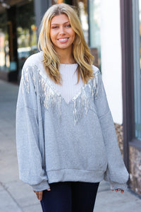 Always A Silver Lining White/Grey Cable Knit Sequin Tassel Hacci Sweater