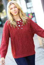 Load image into Gallery viewer, Fall Vibes Rust Cable Knit Lace Up V Neck Sweater
