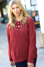 Load image into Gallery viewer, Fall Vibes Rust Cable Knit Lace Up V Neck Sweater
