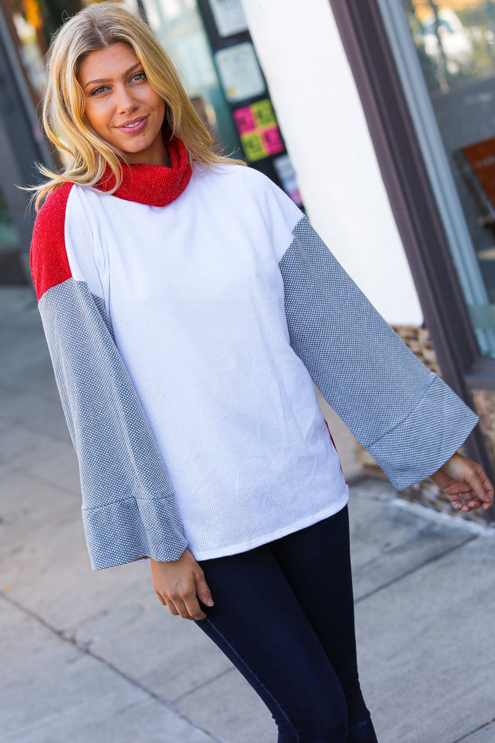 My Forever Wish Red/White Hacci Color Block Jacquard Knit Turtleneck