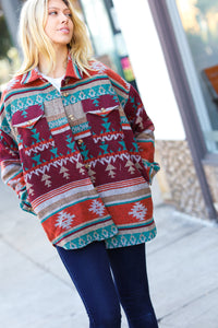 Holiday In The Mountains Aztec Flannel Textured Button Down Pocketed Shacket
