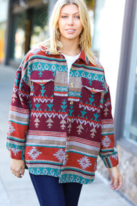 Holiday In The Mountains Aztec Flannel Textured Button Down Pocketed Shacket
