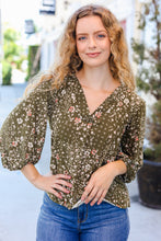 Load image into Gallery viewer, You Got This Olive Floral V Neck Bubble Sleeve Top
