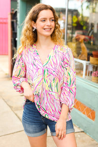 Abstract Motion Print V Neck Top in Fuchsia & Yellow