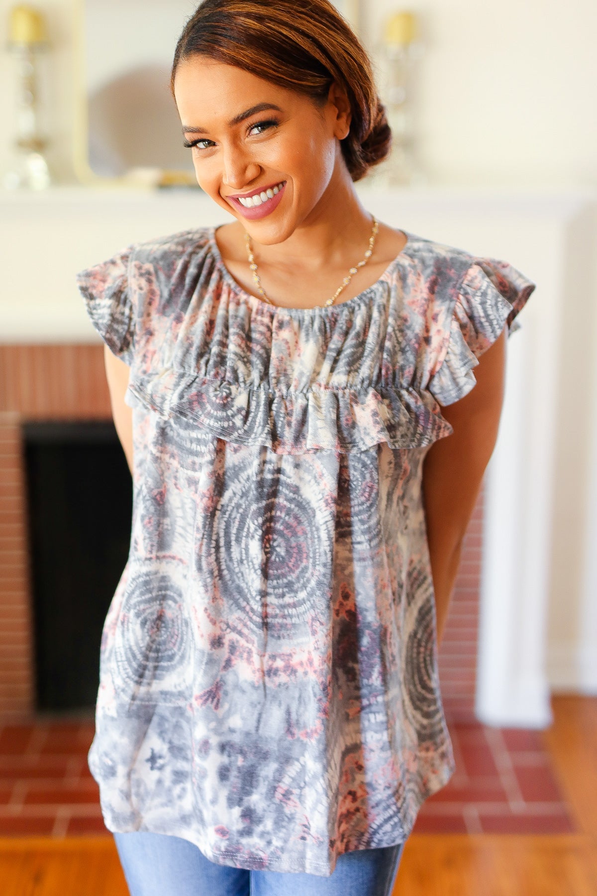 Everyday Gray & Coral Tie Dye Frilled Short Sleeve Yoke Top