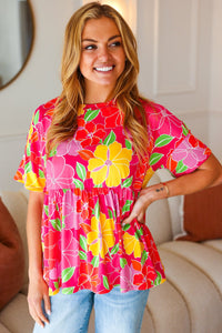 Time For Sun Drop Shoulder Babydoll Top in Fuchsia Floral