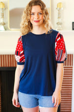 Load image into Gallery viewer, Holiday Stand-Out Navy Patriotic Patchwork Puff Sleeve Top
