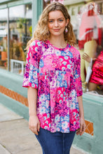 Load image into Gallery viewer, Floral Print Babydoll Bell Sleeve Top in Pink &amp; Blue
