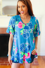 Load image into Gallery viewer, Feeling Playful Blue Floral Ruffle Sleeve &amp; Hem Tunic Top
