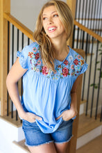 Load image into Gallery viewer, Feeling Femme&#39; Floral Embroidered Yoke Ruffle Sleeve Top in Sky Blue
