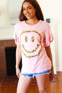 Live For Today Floral Smiley Face Flutter Sleeve Tee in Pink