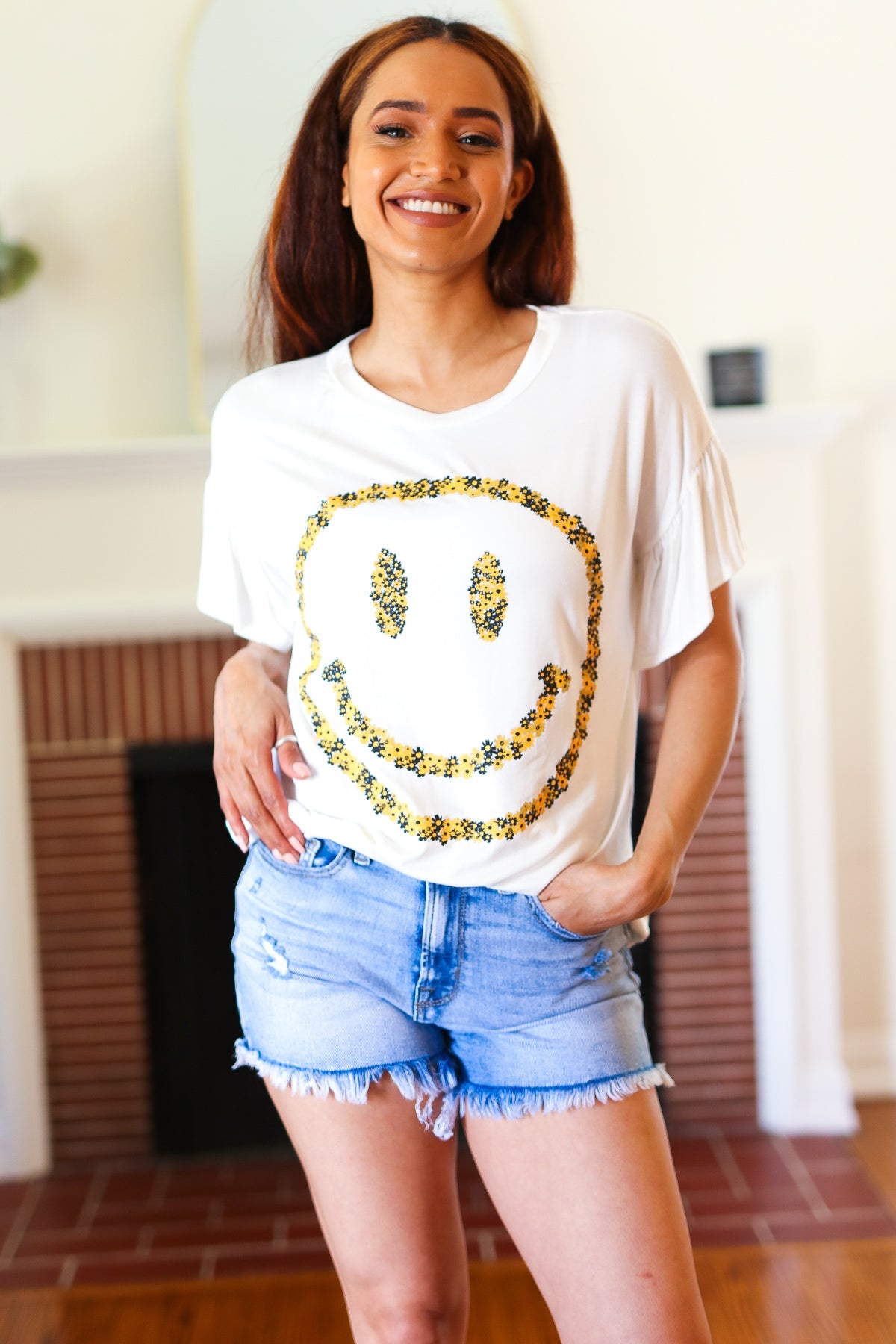 Live For Today Floral Smiley Face Flutter Sleeve Tee in White