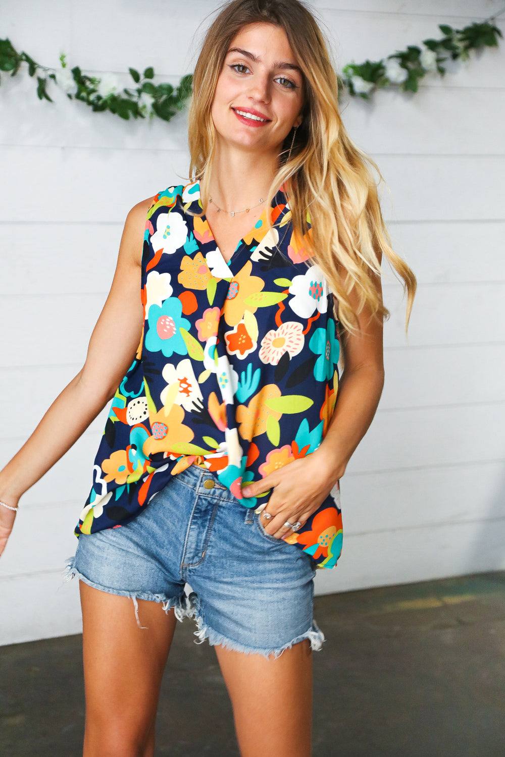 Cheerful Company Floral Banded V Neck Sleeveless Top
