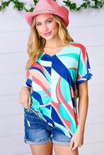 Load image into Gallery viewer, Turquoise Geometric V Neck Drop Shoulder Top
