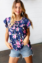 Load image into Gallery viewer, Blooming Frills Floral Print Frilled Short Sleeve Yoke Top in Navy &amp; Pink
