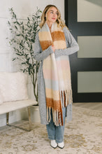 Load image into Gallery viewer, Wanderlust Wrap Oversized Plaid Fringe Scarf in Light Brown
