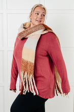 Load image into Gallery viewer, Wanderlust Wrap Oversized Plaid Fringe Scarf in Light Brown
