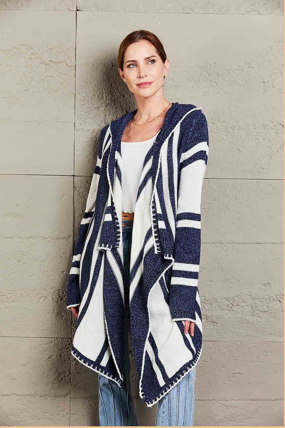 Cozy Haven Woven Right Striped Open Front Hooded Cardigan (2 color options)