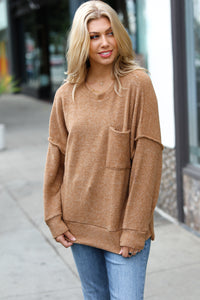 Stay Awhile Drop Shoulder Melange Sweater in Camel