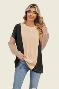 Texture Contrast Round Neck Long Sleeve Top (multiple color options)