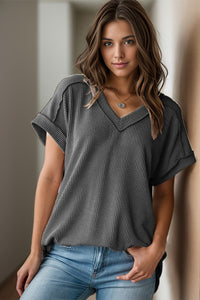 Textured V-Neck Short Sleeve Top (multiple color options)