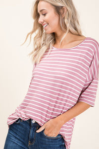 Striped Round Neck Half Sleeve T-Shirt in Mauve