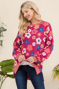 Side Slit Flower Print Long Sleeve Top in Fuchsia