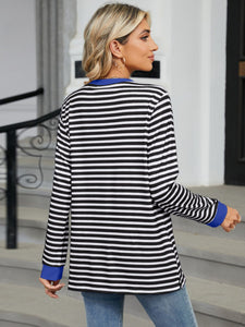 Pocketed Striped Round Neck Long Sleeve Top (multiple color options)