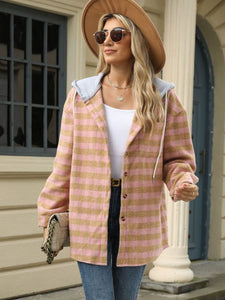 Drawstring Plaid Long Sleeve Hooded Jacket (multiple color options)