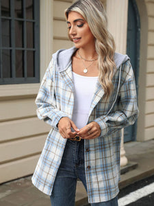 Drawstring Plaid Button Up Hooded Jacket (multiple color options)