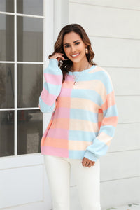 Round Neck Long Sleeve Color Block Dropped Shoulder Sweater (multiple color options)