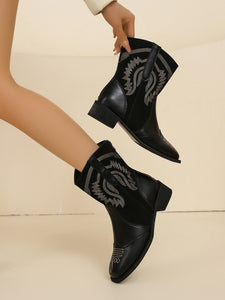 Embroidered PU Leather Block Heel Boots (2 color options)