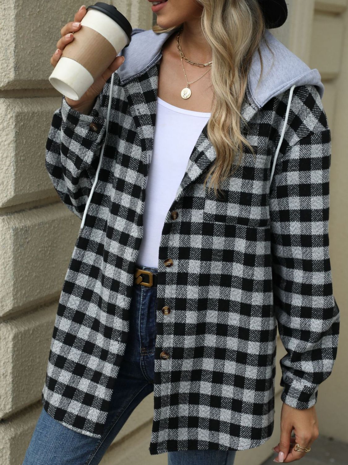 Drawstring Plaid Long Sleeve Hooded Jacket (multiple color options)