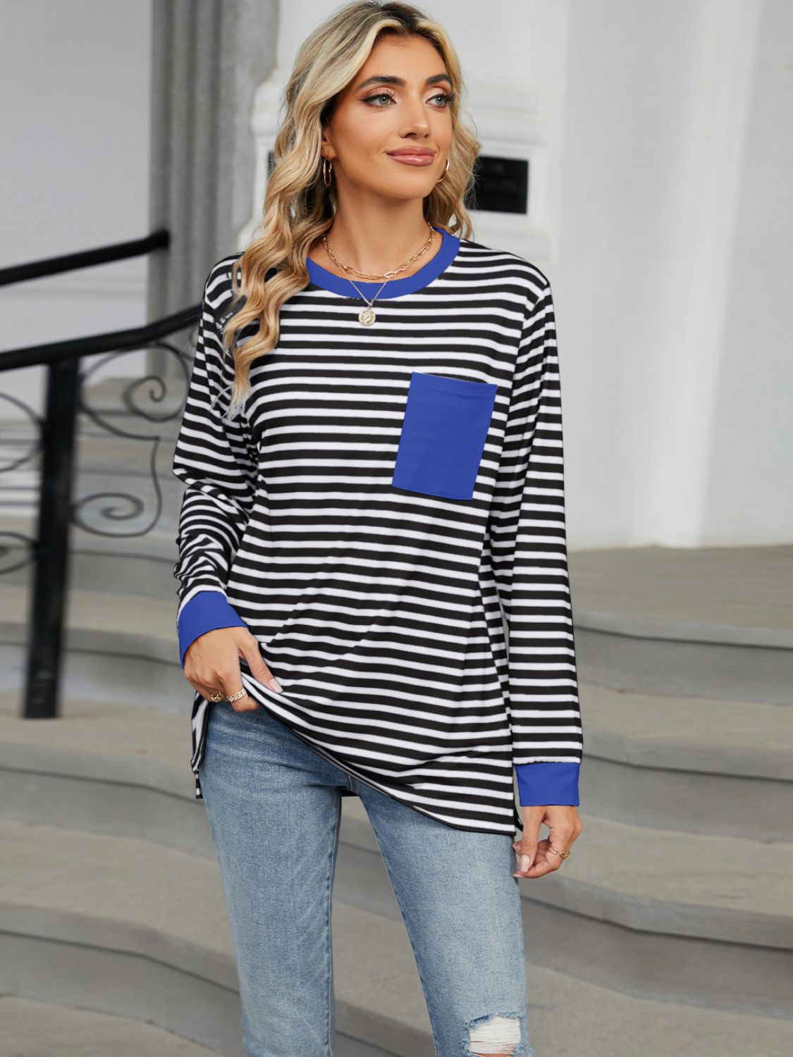 Pocketed Striped Round Neck Long Sleeve Top (multiple color options)