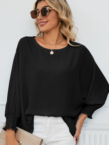 Smocked Lantern Sleeve Round Neck Blouse (multiple color options)