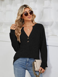 Ribbed Notched Long Sleeve Top (multiple color options)