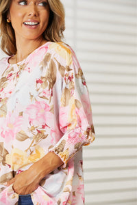 Rosey Romance Floral Round Neck Three-Quarter Sleeve Top
