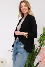 Load image into Gallery viewer, Rolled Leopard Cuff Open Front Blazer in Black
