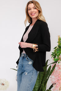 Rolled Leopard Cuff Open Front Blazer in Black