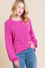 Load image into Gallery viewer, Long Sleeve Curved Hem Ribbed T-Shirt in Fuchsia
