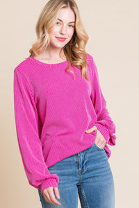 Long Sleeve Curved Hem Ribbed T-Shirt in Fuchsia