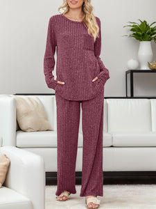 Round Neck Long Sleeve Top and Pants Lounge Set  (multiple color options)